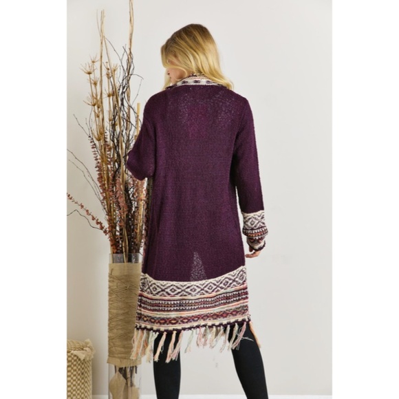 SOLD OUT Burgundy Bohemian Tribal Aztec Print Fringe Open Front Cardigan Knit - Picture 4 of 4